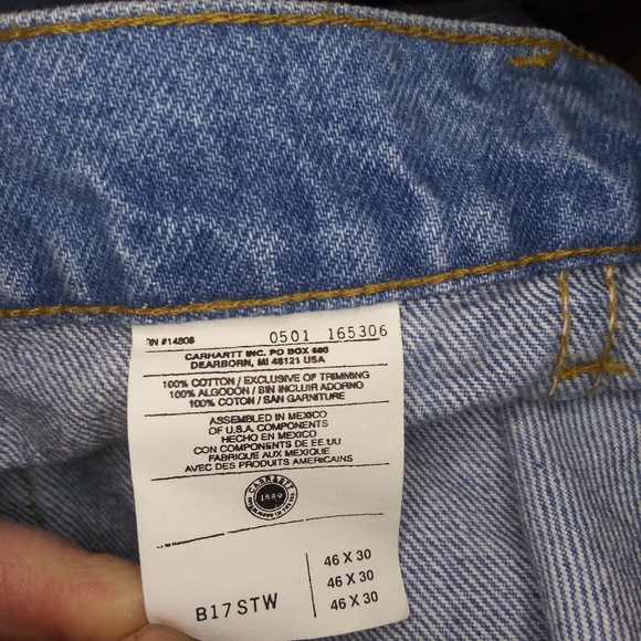 Carhartt 46 x 30 Relaxed Fit 100% Cotton Lighter Wash Jeans - Picture 10 of 12